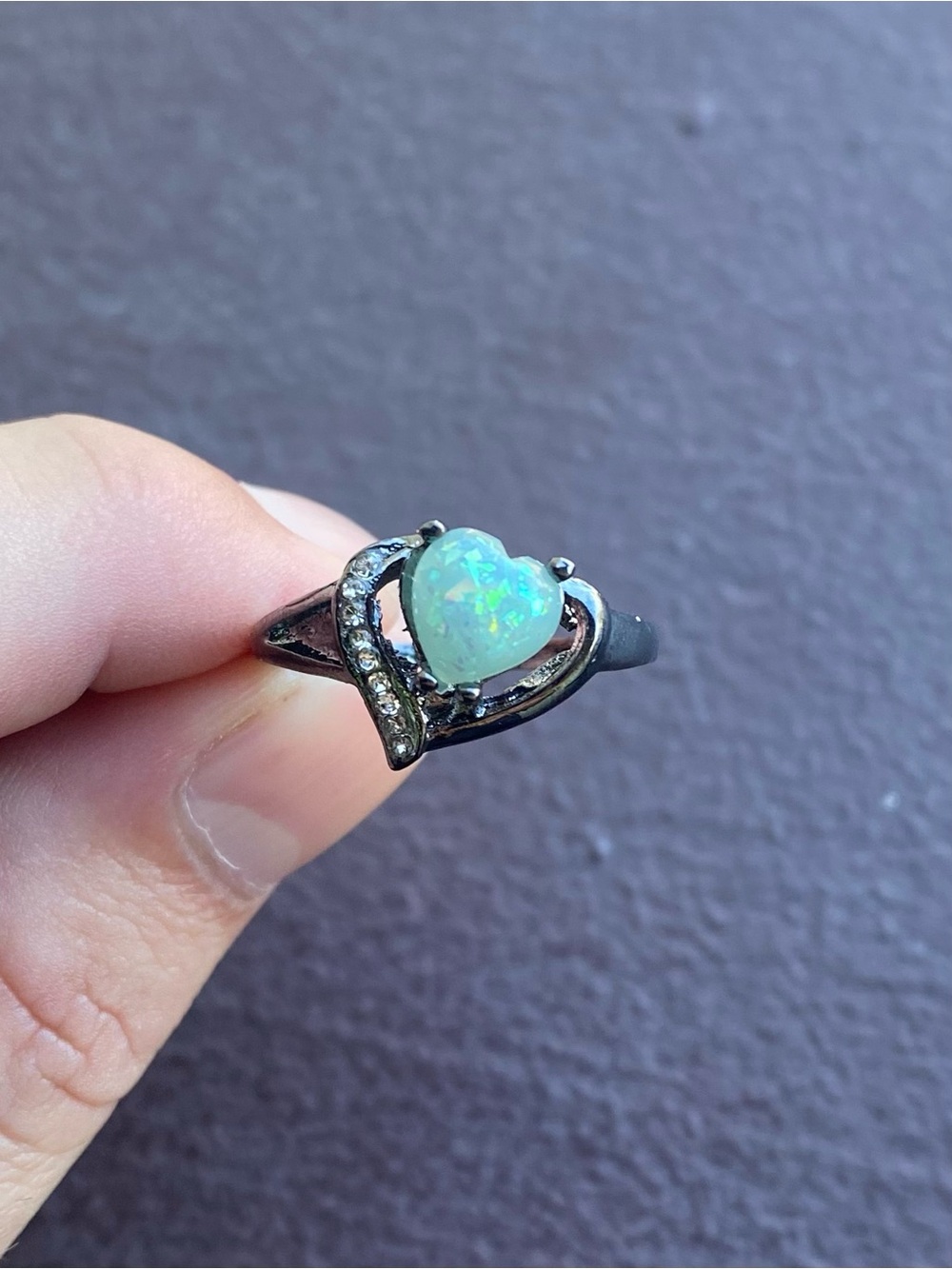 Lab-Created Heart Shaped Opal Stainless Steel w/ CZ Stones Ring Size 9.5